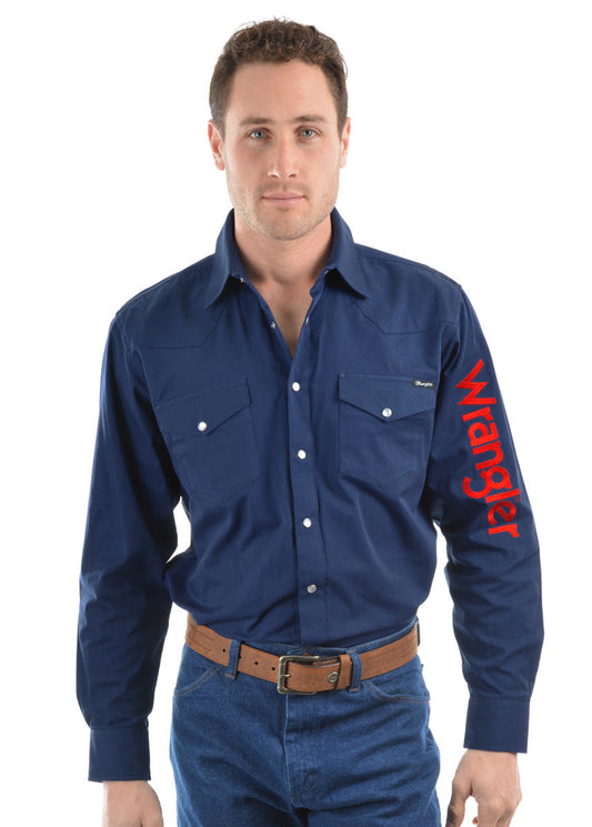 Wrangler Mens Logo Rodeo LS Drill Shirt Navy Med