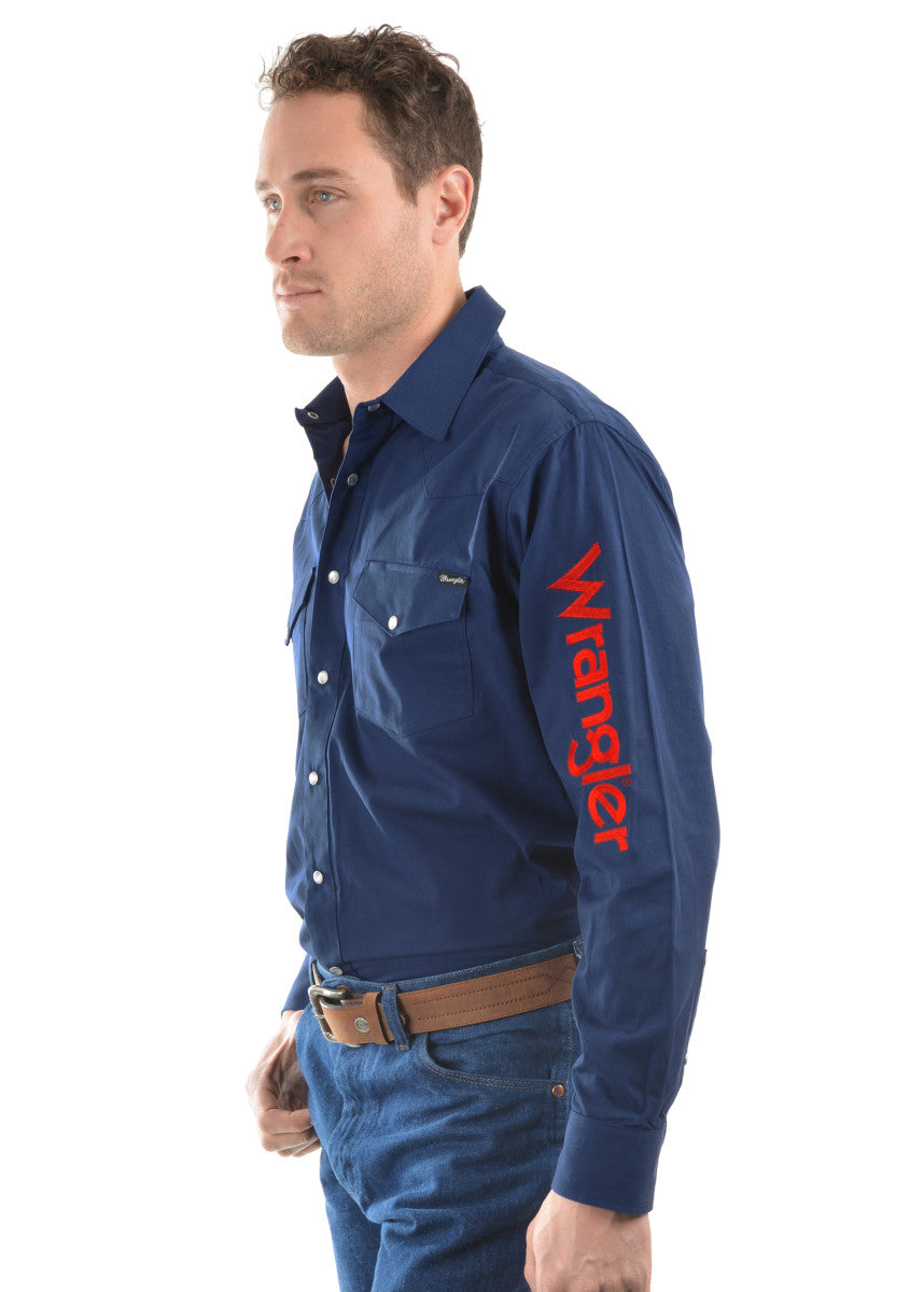 Wrangler Mens Logo Rodeo LS Drill Shirt Navy Med
