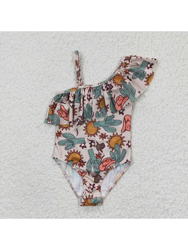 AW Girls Summer Western Cactus One Piece Swimsuit Girls 10-12
