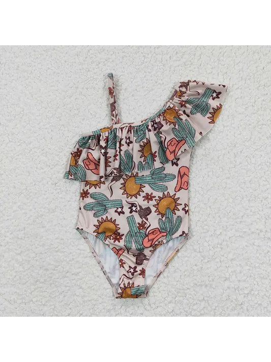 AW Girls Summer Western Cactus One Piece Swimsuit Girls 10-12